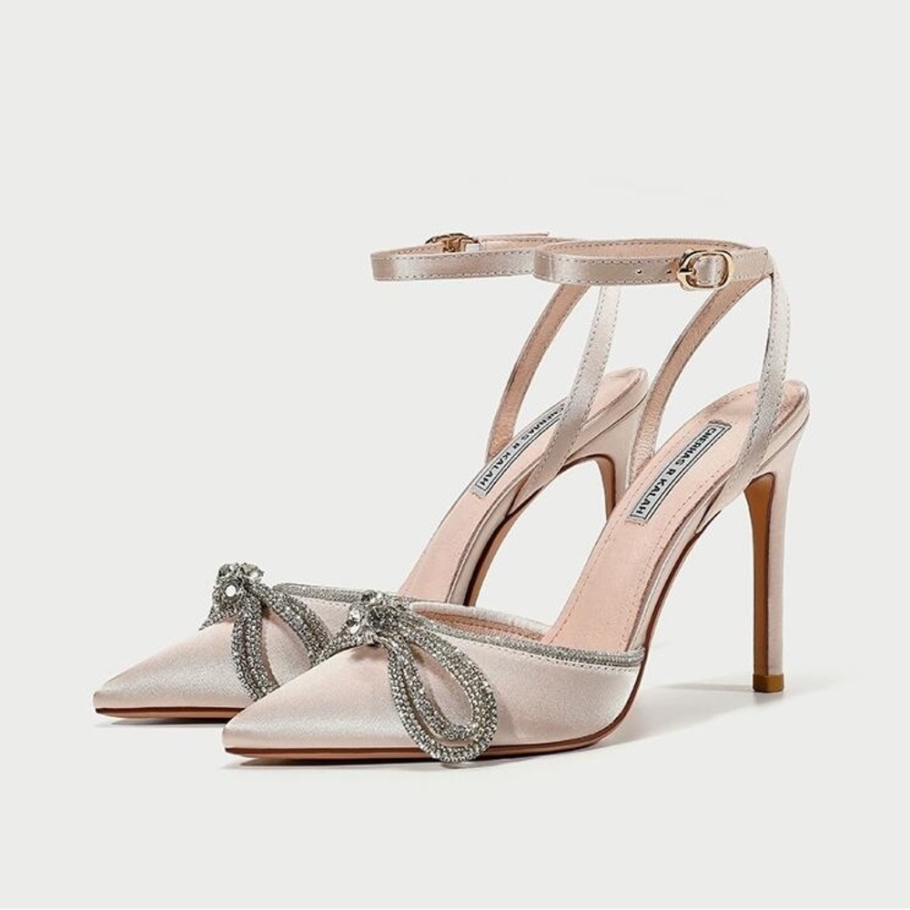 Champagne and silver Elegant Satin Ankle Strap Heels